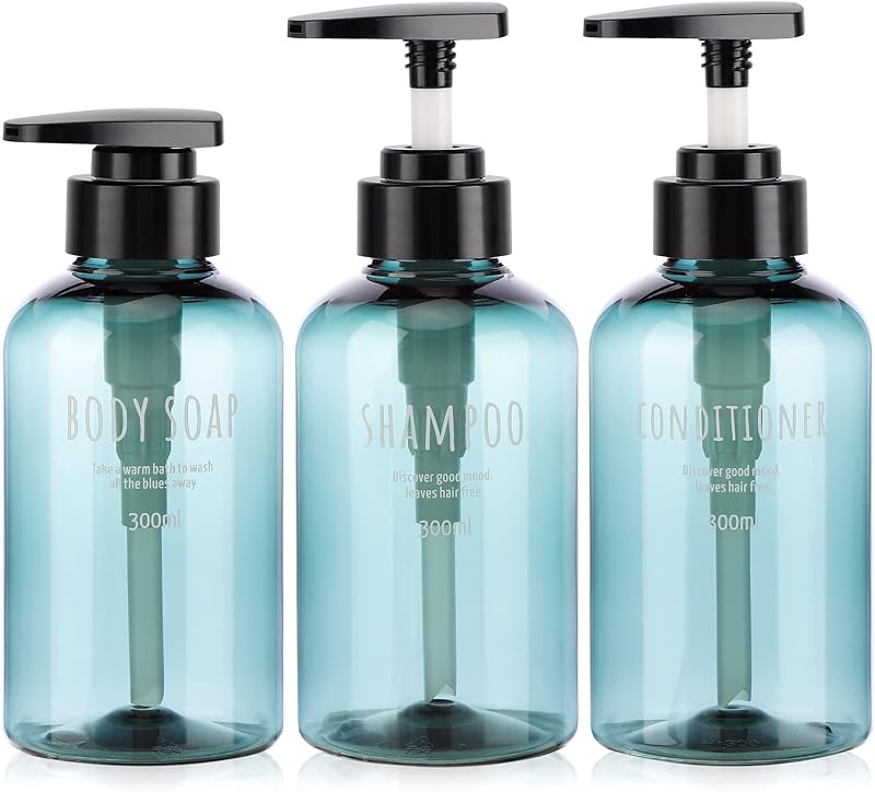 Segbeauty Frascos Recarregáveis com Bomba para Shampoo, Condicionador e Sabonete Líquido Azul, 300 mL, Pacote com 3