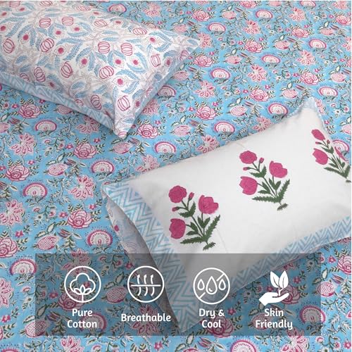 Image of TOAI Hand Block Printed Bedsheet | Bed Spread Flatsheet Bed Sheet | Pure Cotton | Queen Size 90 inchx108 inch | 210 TC Luxury Cotton | 2 Reversible Pillow Covers |Pink Florals on Blue