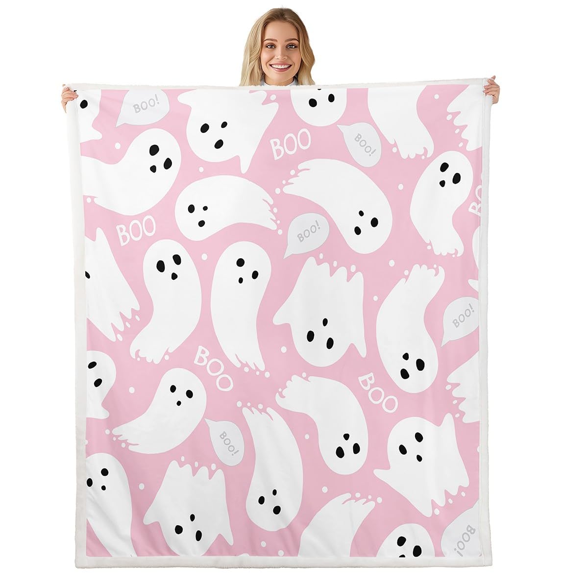 Feelyou Pink Halloween Sherpa Blanket 40"x50" Cartoon Pink Ghost Fleece Throw Blanket for Bed Sofa Couch Kids Kawaii Cute Plush Blanket Bedroom