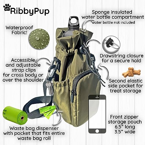 Waterproof Dog Walking Bag and Universal Water Bottle Holder, Built In Poop Bag Dispenser, Unisex Cross Body Treat Pouch, Walking Hiking Dog Training Sport Bag (Army Green) Waterproof Dog Walking Bag and Universal Water Bottle Holder, Built In Poop Bag Dispenser, Unisex Cross Body Treat Pouch, Walking Hiking Dog Training Sport Bag (Army Green)