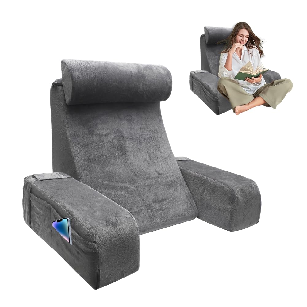 Lesekissen für Bett und Sofa Bücherkissen mit Abnehmbarer Nackenrolle & Armlehne, Sitzkissen mit Rückenlehne, Komfortkissen Lesekissen für Erwachsene, Rückenkissen zum Fernsehen, Lesen und Spielen