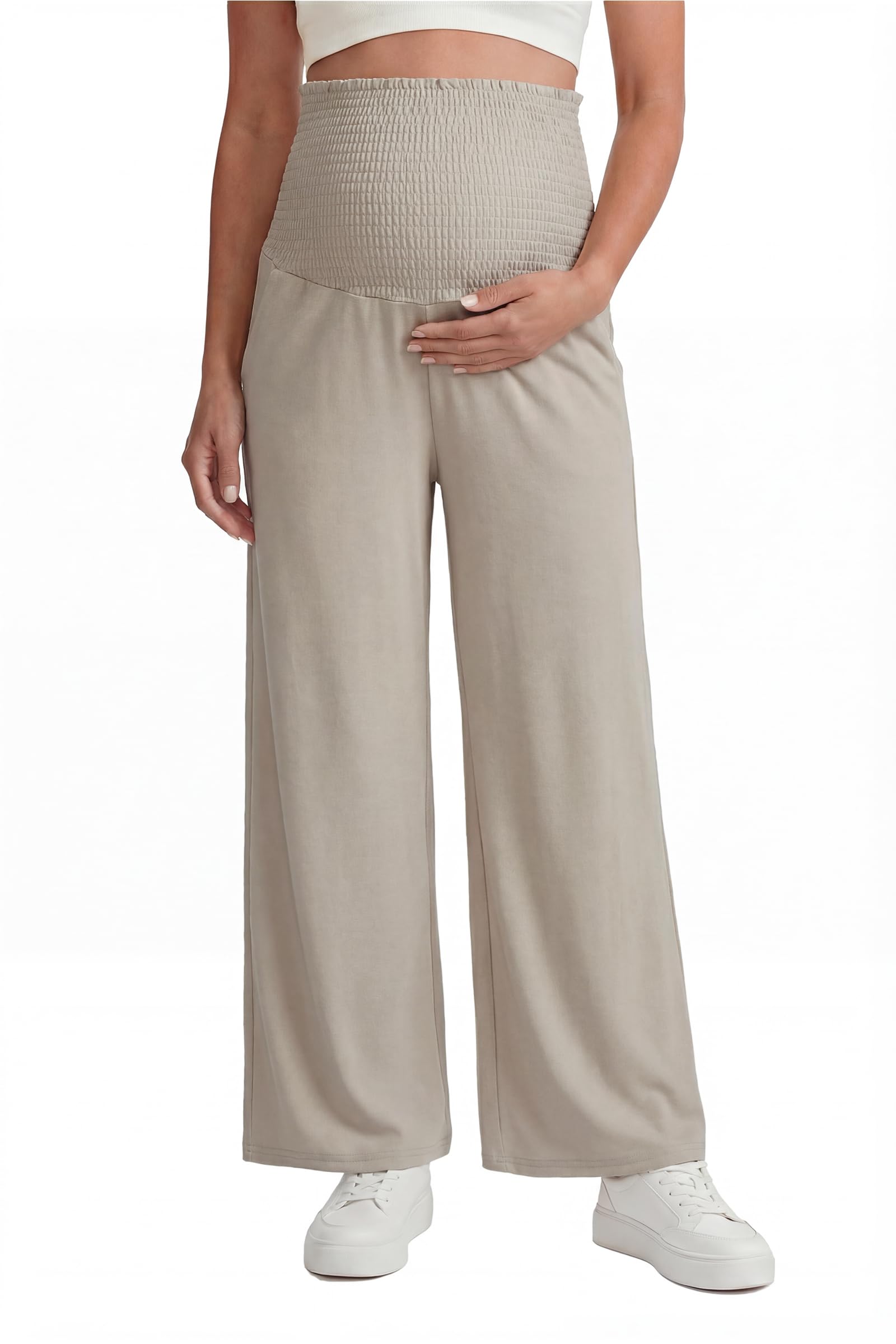 Womens Lyocell Cotton Maternity Pants Over Belly Smocked Waist Stretchy Casual Wide Leg Palazzo Pants with Pockets-image-34