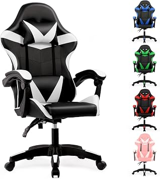 Gaming Chair, Computer Chair with Lumbar Cushion, Headrest, Height-Adjustable Ergonomic Gaming Chairs for Home, Office White