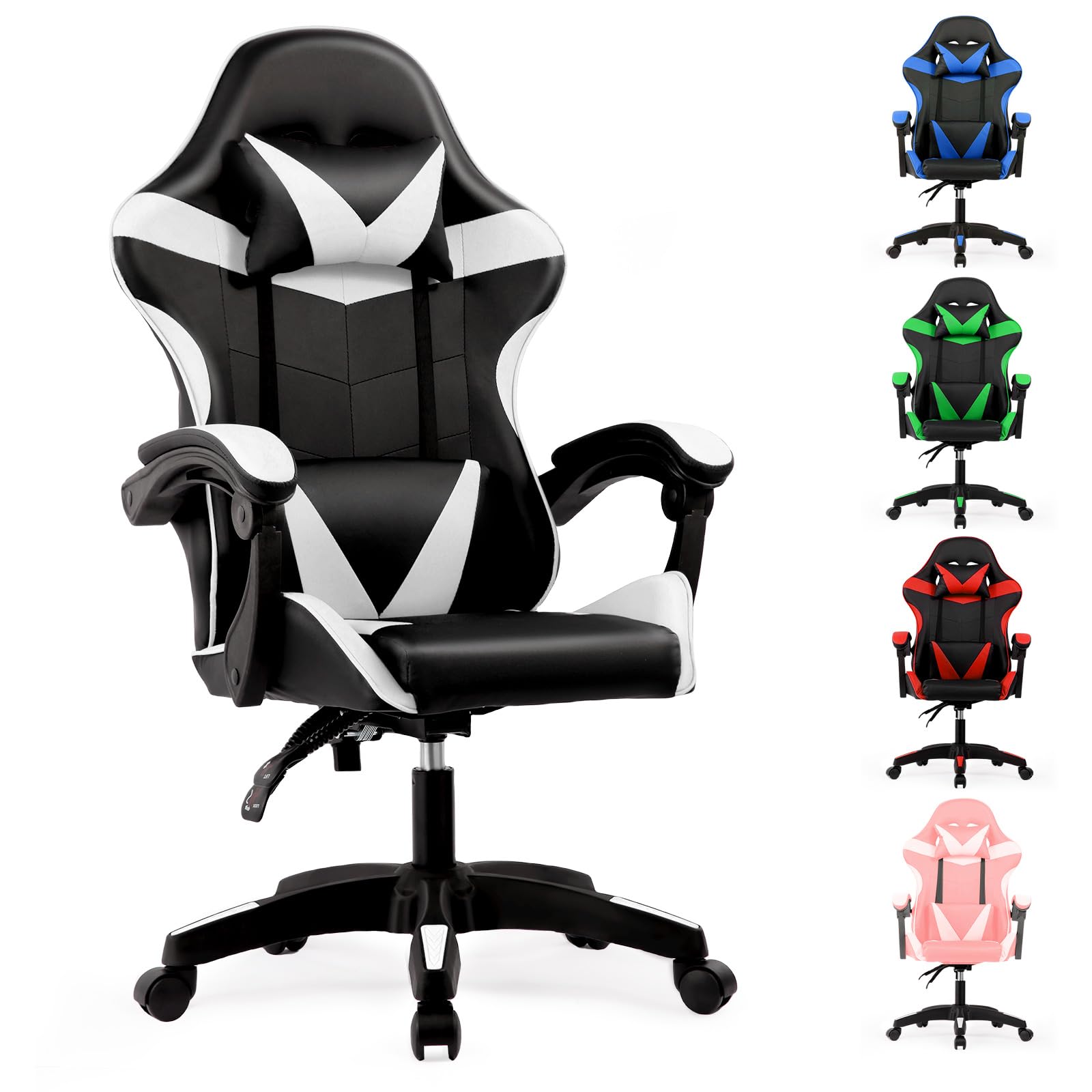 Lishetimig Computer Gaming Chair, Racing Desk Chair with Lumbar Support, PU Leather Gamer Chair with Headrest and Swivel Wheels for Home, Office or E-sports Playroom(White)
