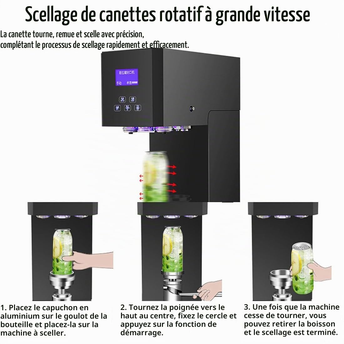 Machine à Sceller Les Canettes Automatique,Panneau Intelligent Et Comptage,Calibre 55 Mm,Scelleuse De Canettes à Hauteur Réglable pour Canettes Pet,Lait,Thé,Café,Boissons Gazeuses Black