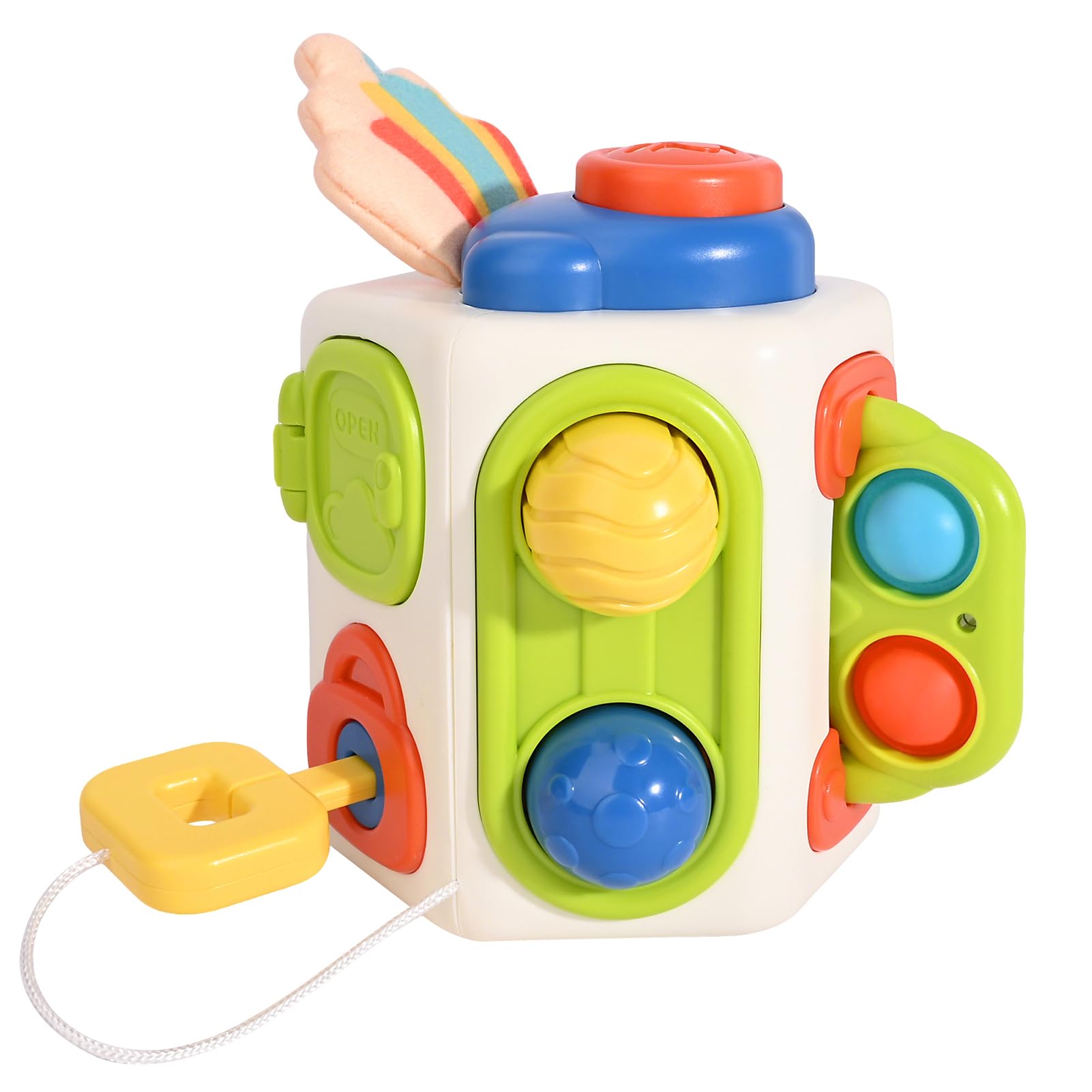 Bebamour Baby Sensory Activity Cube Toy, Silicone Teething & Grasping Busy Cube for Babies 18 Months+, Montessori Pull String Fine Motor Travel Toy, Early Learning Development Gift for Boys Girls