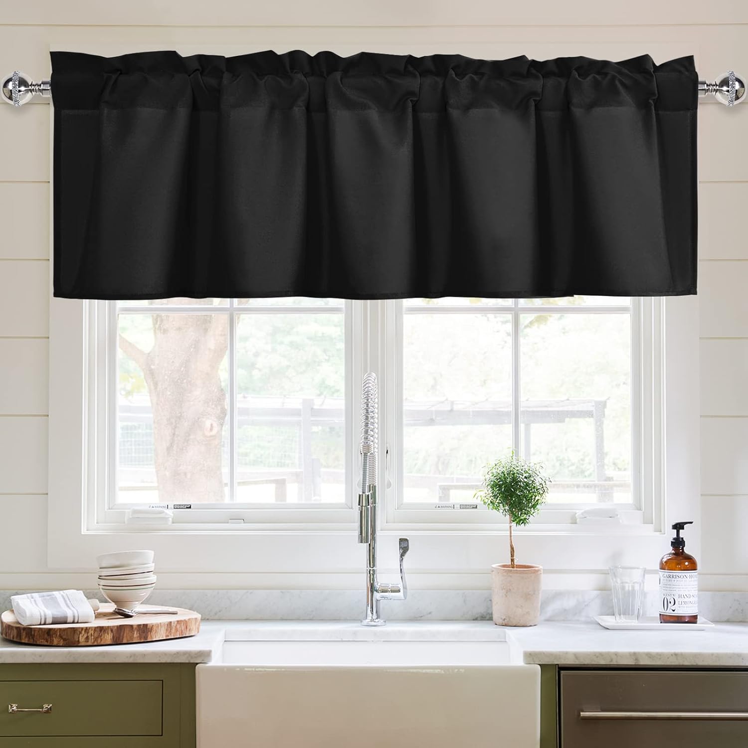 XWZO Kitchen Valances Curtains for Windows Living Room Bedroom Bathroom Toppers Farmhouse Style Rustic Dinning Room Thermal Insulated Rod Pocket, W84 x L18 Inch Length, Black, 1 Panel