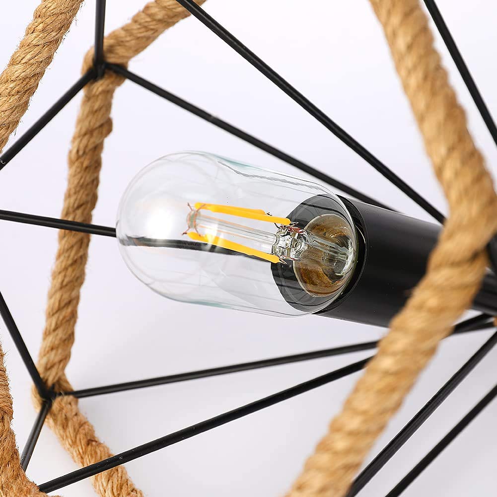 MAXDUYU Lámpara Colgante Vintage,cuerda de cáñamo Retro Lámpara de Techo Colgante industrial,Lámpara de suspensión de jaula de hierro en forma de diamante Luces de techo,25 cm