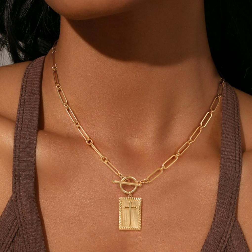 Gold Cross Necklace for Women Trendy Non Tarnish, Dainty 14K Gold Plated Paperclip Toggle Clasp Chain Necklace Rectangle Pendant Christian Religious Necklaces Gold Jewelry for Women Gifts - Image 2