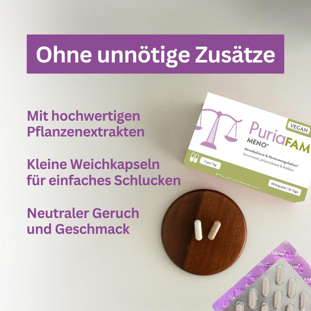 PURIAFAM Meno - 180 Wechseljahre Tabletten pflanzlich - Yamswurzel Mönchspfeffer, Johanniskraut, Rotklee - Menopause Tabletten