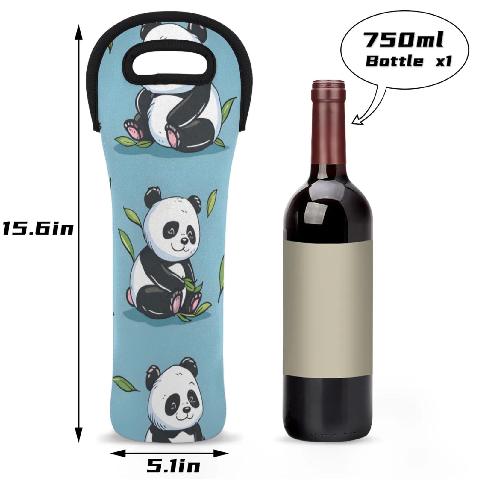 Neoprene Wine Tote Carrier Bag for Wine,Water, Champagne, Beer, Baby Bottles 15.6 x 5.1 Inches, Protective Wine Bag,Pandas