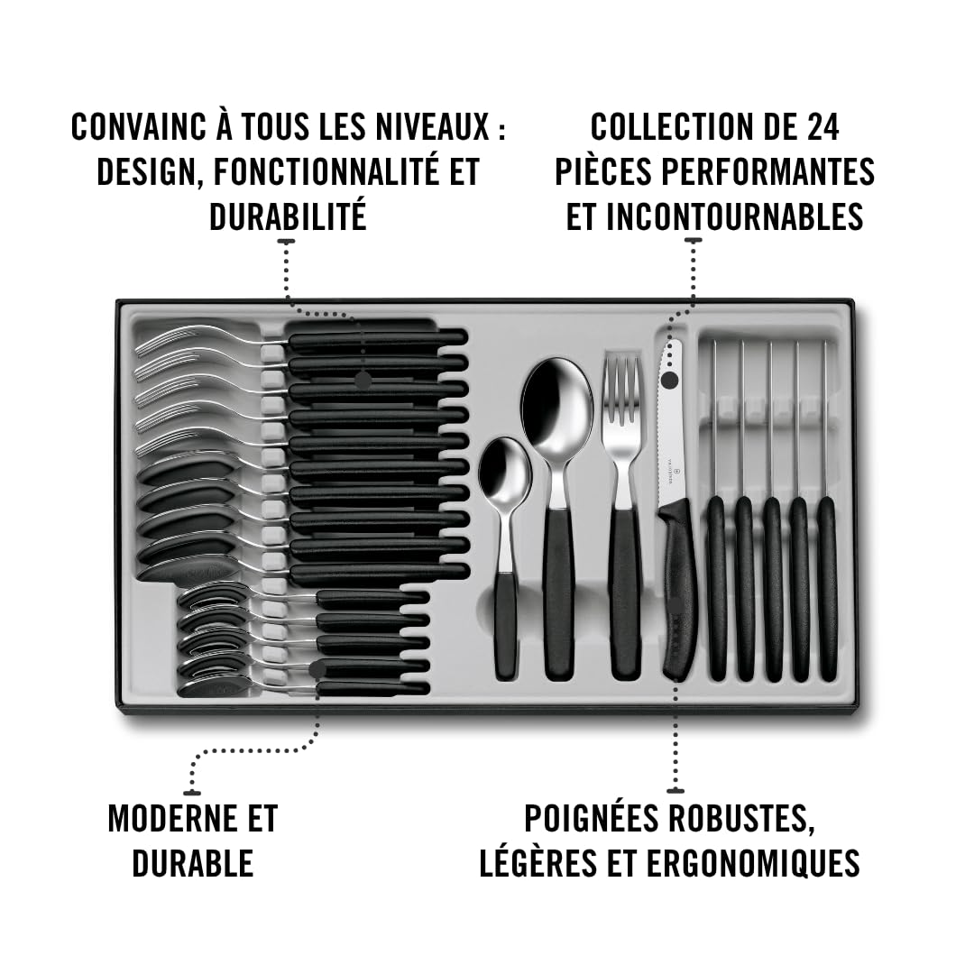 Victorinox Classic, Couverts de table professionnels, 24 pièces, Lame extra-tranchante, Taille crantée, 11 cm, Acier inoxydable, noir