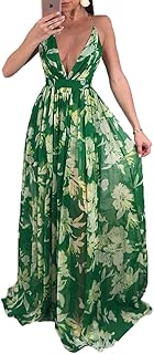 Remelon Womens Sexy Spaghetti Strap Deep V Neck Floral Boho Criss Cross Backless Chiffon Beach Party Long Maxi Dress - coolthings.us
