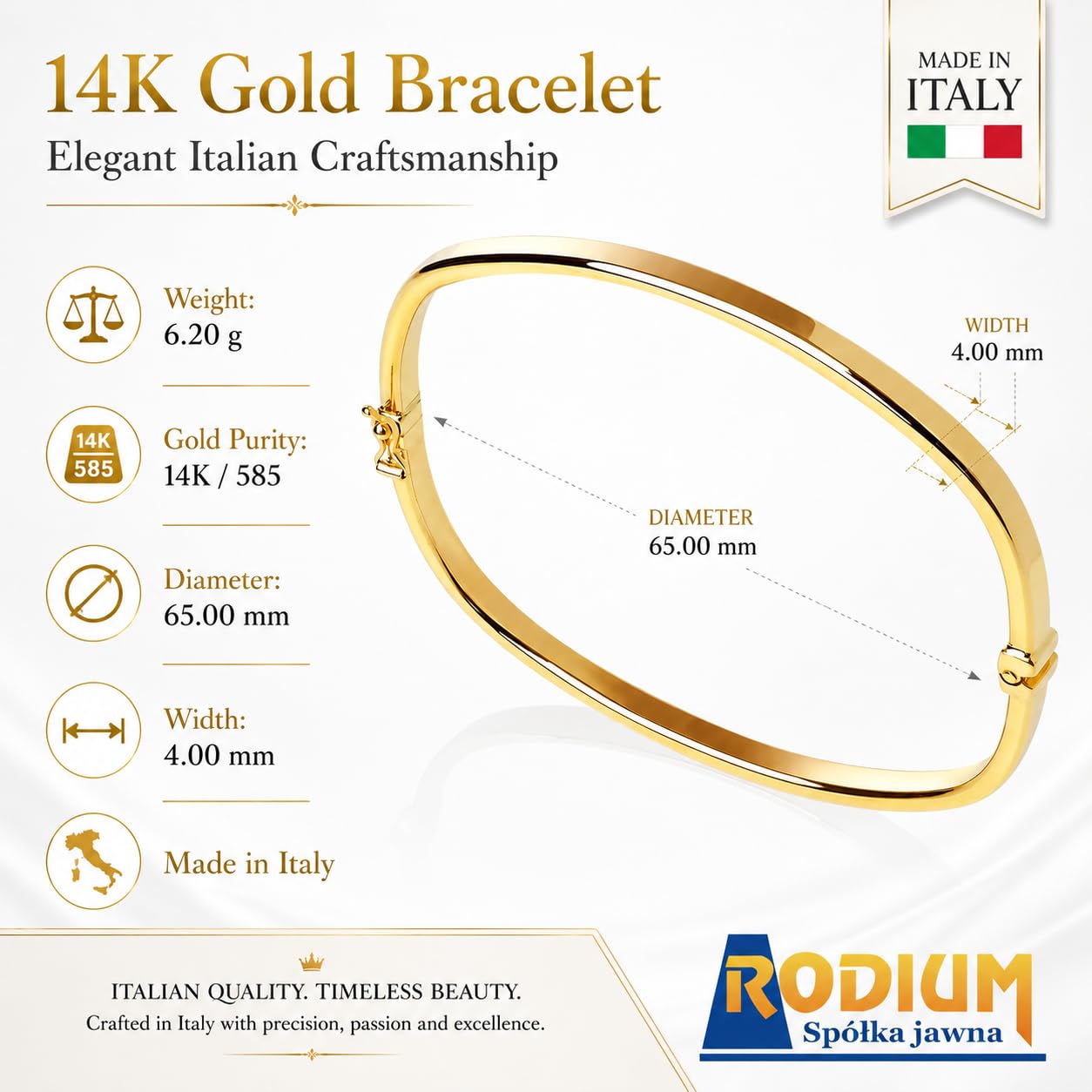 Rodium - Goldene Armband, 14 Karat Gold/ 585er Feingehalt, Modernes Design, Idealer Goldener Schmuck für Damen - 65 mm Innendurchmesser