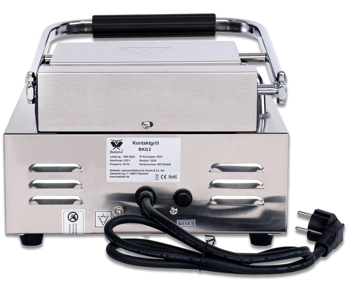Beeketal 'BKG2' Gastro Kontaktgrill mit Gusseisen Grillpatten (oben gerillt unten glatt) mit Fettauffangschale, Profi Edelstahl Elektrogrill ideal als Panini Grill Maker oder Sandwich Toaster