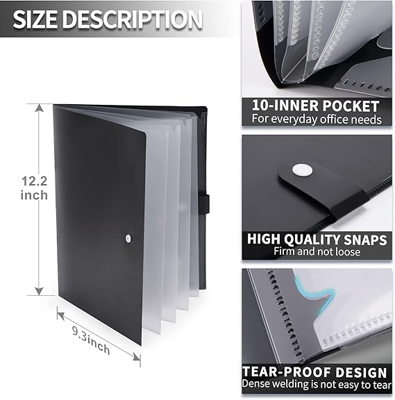 Cesil 10-Pocket File Folder, Letter A4 Paper Project Organizer Folders with Snap Button, Plastic Document Organizer for School Office Home