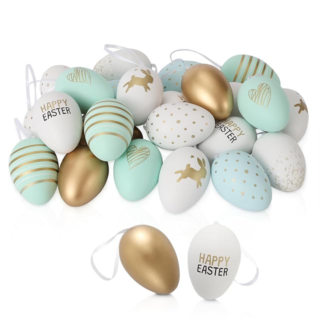 Festicy 24 Huevos de Pascua I Decoración de Pascua (AÑO) I (Blanco, Verde, Dorado) 8 diseños I conejitos