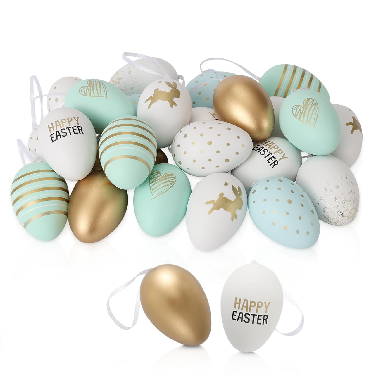 Festicy Jajka wielkanocne, 24 sztuki, dekoracja wielkanocna 2025 (biała, zielona, złota), 8 wzorów, zajączki, napis Happy Easter, jajka wielkanocne do zawieszenia na zewnątrz, plastikowe jajka