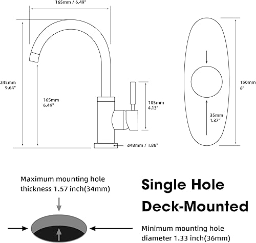Miniatura 7 de Grifo de fregadero de baño de una sola manija, moderno grifo de fregadero de barra húmeda con placa de cubierta, negro mate