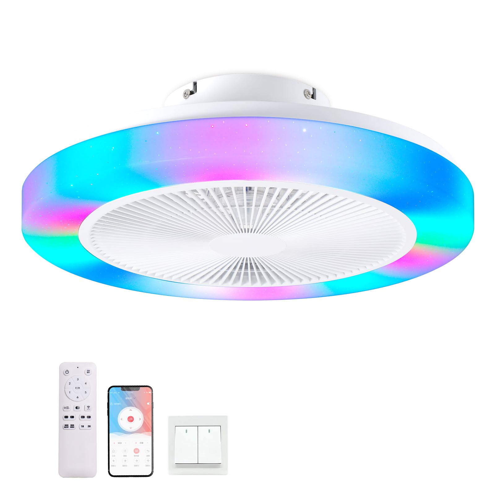 Ventilatore da Soffitto con Luce RGB, 50cm Lampadario Ventilatore Silenzioso LED Dimmerabile, Telecomando e APP, 6 Velocità, Timer, RGB Plafoniera Ventilatori per Camera da Letto Soggiorno