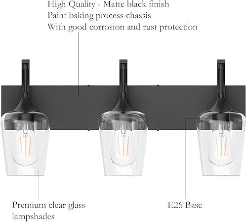 Miniatura 5 de Ralbay Lámpara de tocador negra mate con 3 luces, lámpara de tocador de baño industrial negra con vidrio transparente, accesorios de iluminación