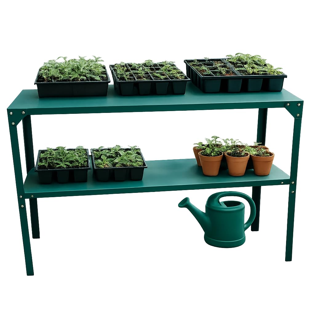 Greenhouse Staging Shelving Unit 2 Tier Free Standing Galvanised Steel 115cm Plant Pot Shelf For Greenhouses UK (1 Green Staging Bench)