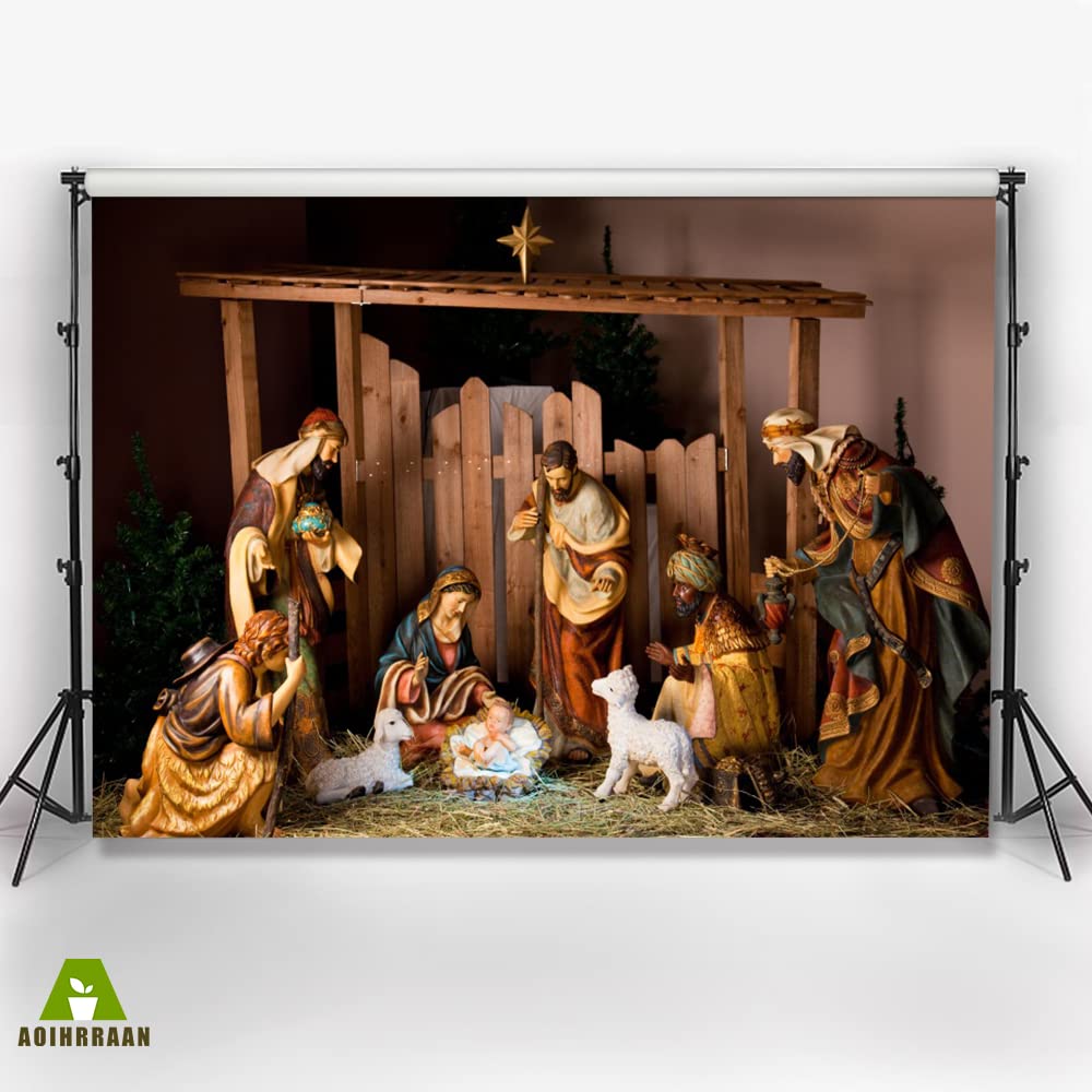 Aoihrraan 3x2m Nativity Scene Backdrop Birth of Jesus Sheep Religious Belief Shepherd Sculpture Photography Background Church Bible Story Belief Christian Believer Portrait Photo Studio Props - Image 3