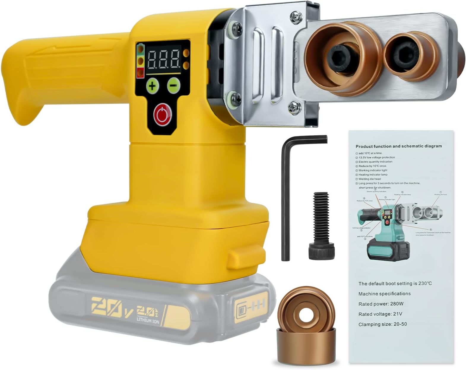 Cordless Plastic Water Pipe Welder, Digital Display Hot Melt Tools Compatible for Dewalt 20V batterry, 280W Pipe Welding Machine with 6 Die Heads for PE, PPR, PVC,PB Pipes (220 to 320℃ Temperature)