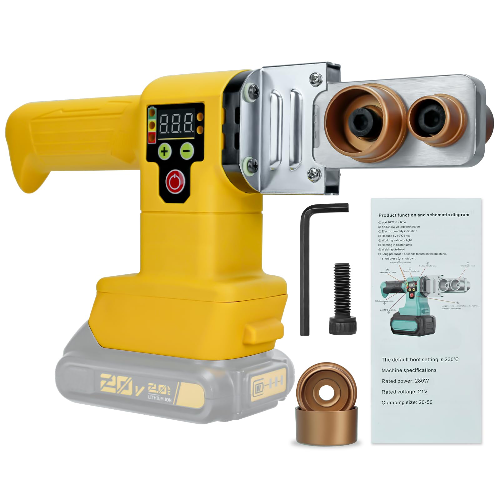 Cordless Plastic Water Pipe Welder, Digital Display Hot Melt Tools Compatible for Dewalt 20V batterry, 280W Pipe Welding Machine with 6 Die Heads for PE, PPR, PVC,PB Pipes (220 to 320℃ Temperature)