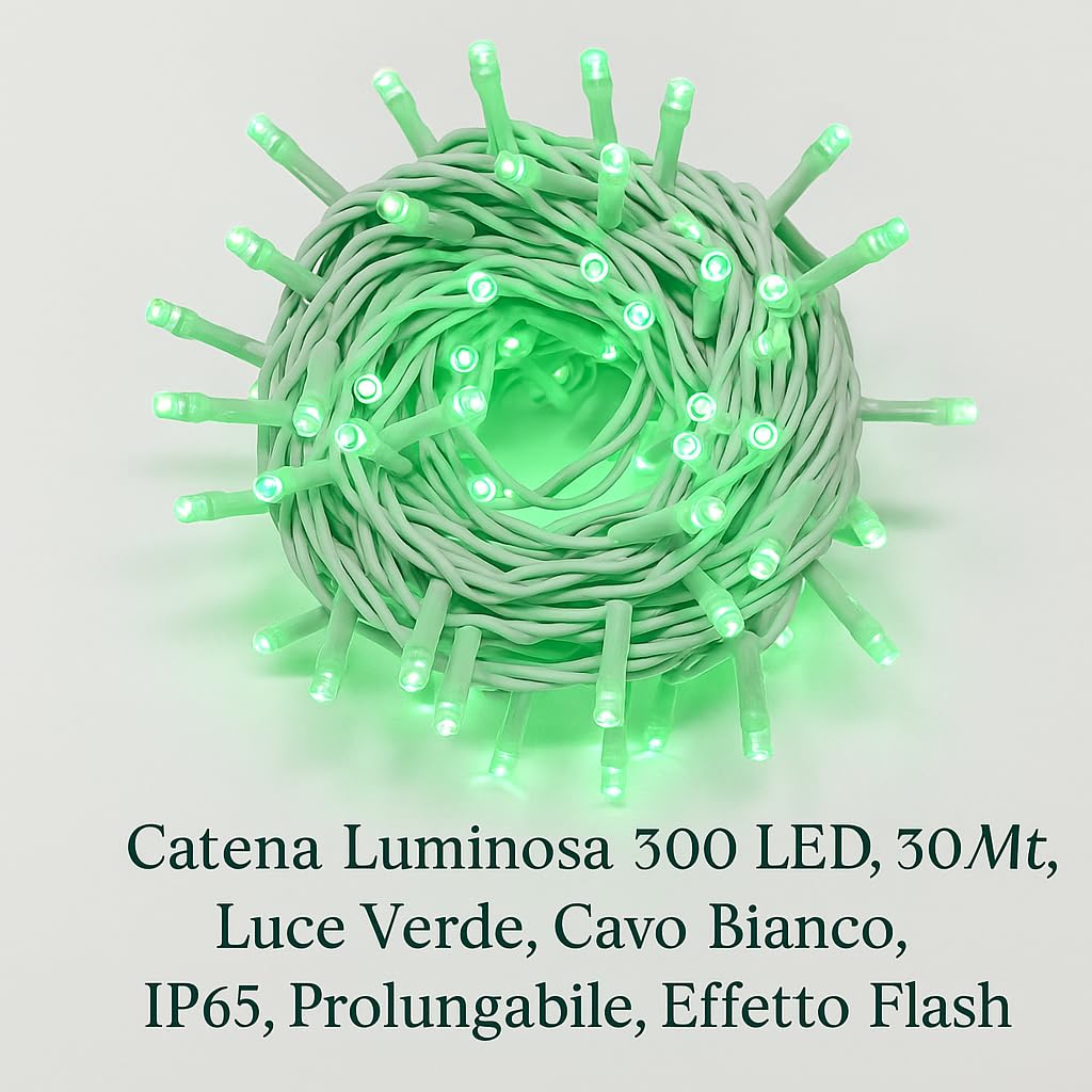 Łańcuch świetlny 300 diod LED, 30 m, zielone światło, biały kabel, IP65, przedłużany, efekt błysku, girlanda bożonarodzeniowa, sklepy, balkon bożonarodzeniowy