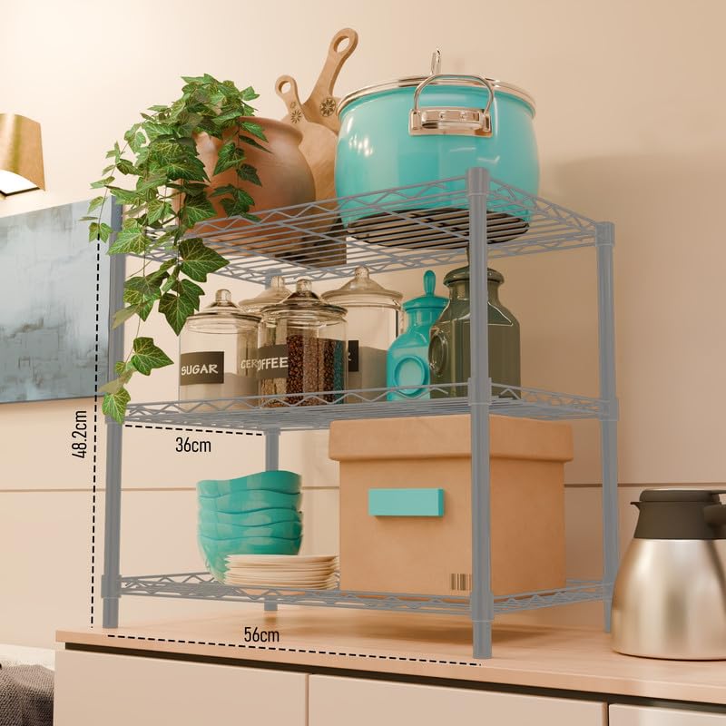 Image of 3-Shelves Counter Top Heavy Duty Steel Storage Rack | Multipurpose Shelving Unit for Kitchen, Home & Utility