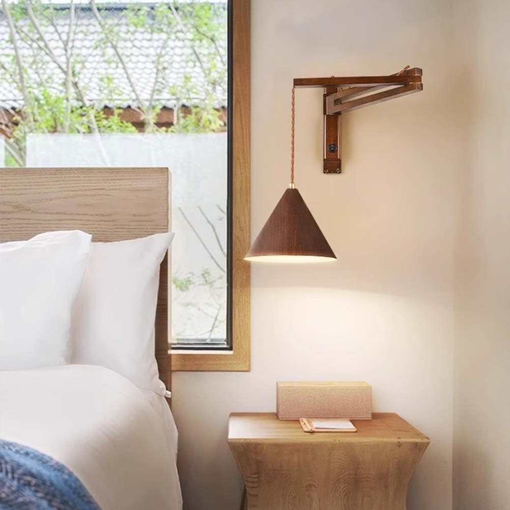 AoLa Holz Schwenkarm Wandleuchte Innen mit Schalter Verstellbarer Wandlampe Vintage Industrial E27 Langer Arm Leselampe Einstellbar Retro Lampe für Schlafzimmer Kinderzimmer Arbeit Hotel,Braun