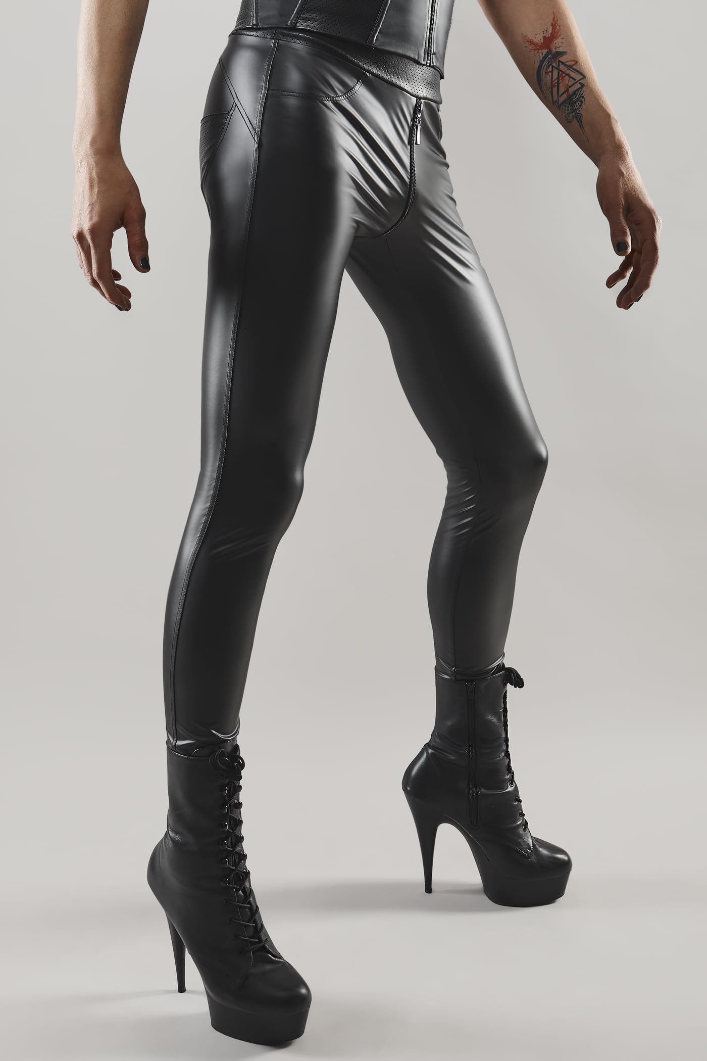 Herren Leggings Wetlook schwarz High Waist mit Reißverschluss vorne und hinten Männer Hose Skinny elastisch