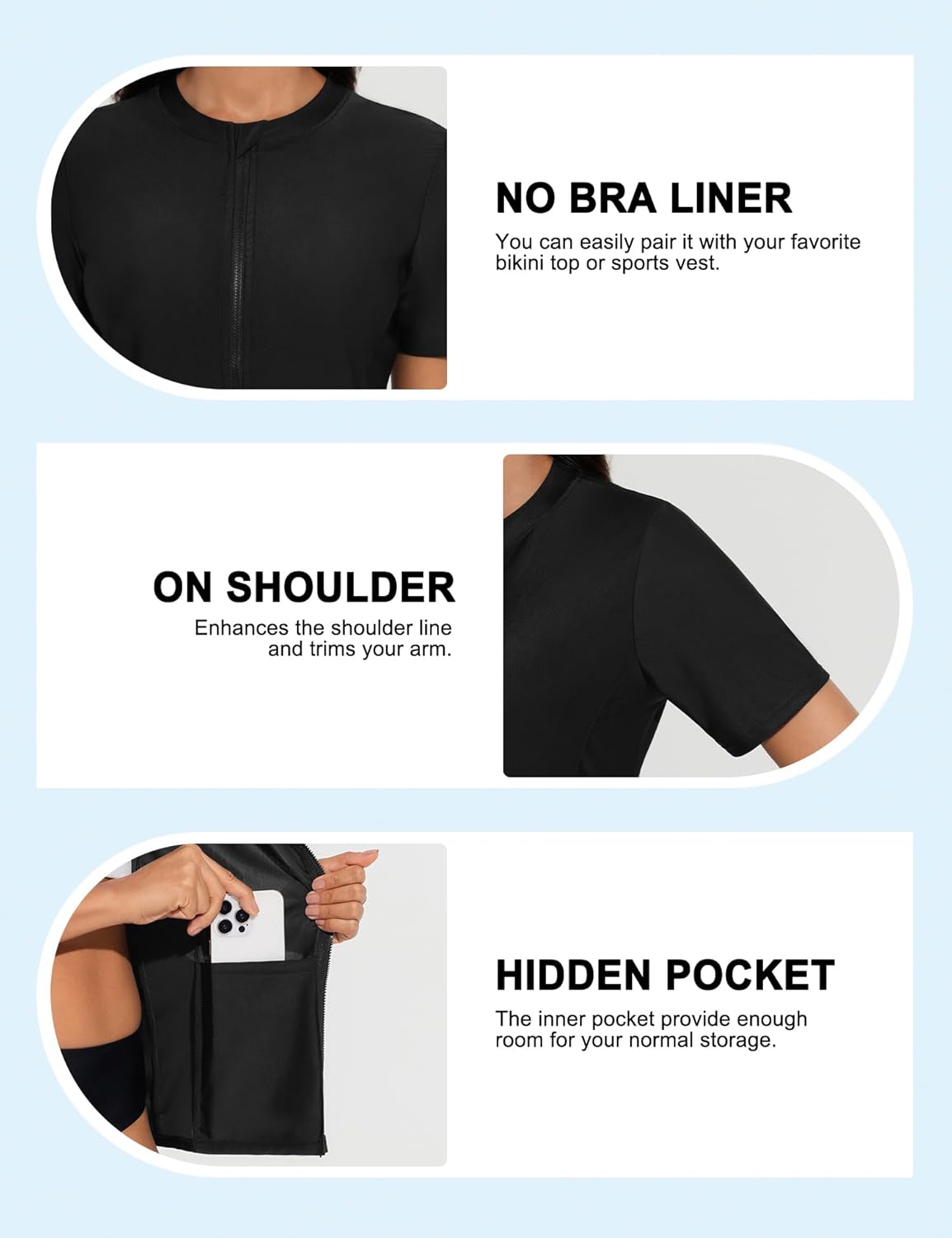 Bonneuitbebe Women's Rash Guard Short Sleeve Swim Shirts Zip Front Rashguard Swimsuit UPF 50+ Swim Tops No Bra & Pocket - Image 4