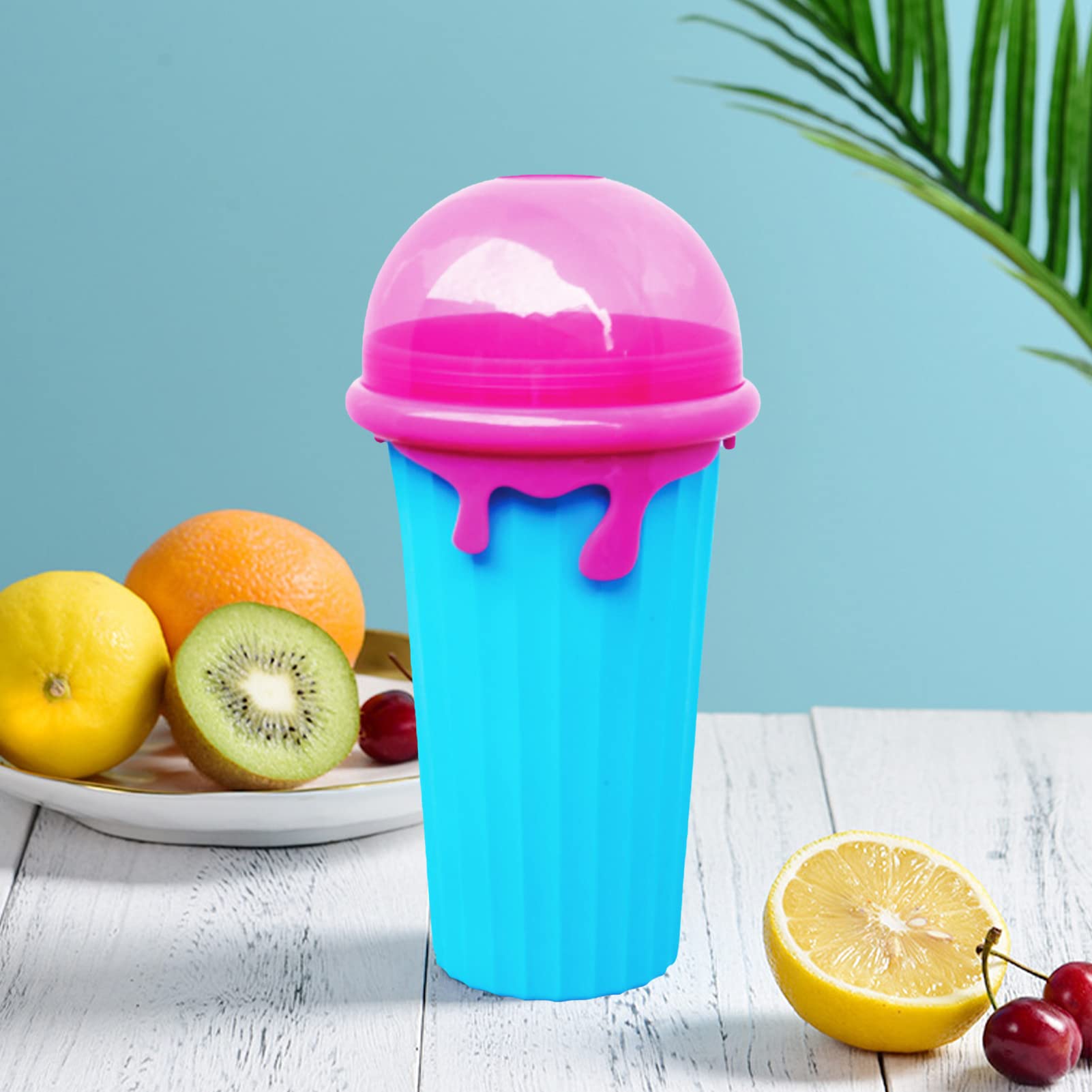 Gobelet à slush en silicone - Gobelet à presser - Gobelet à glace - Pour pétrir des smoothies congelés - Pour l'été - Avec cuillère à paille - Pour une délicieuse glace slush (bleu)