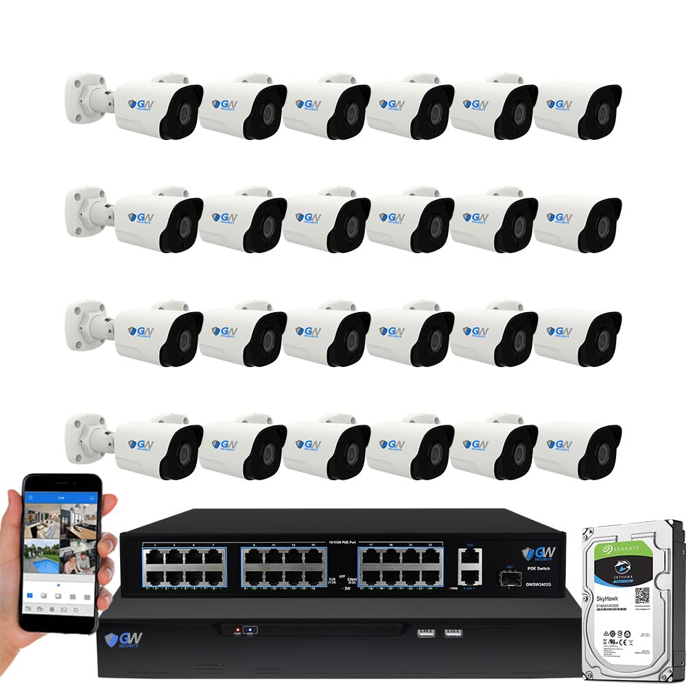 GW Security 32 Channel NVR UltraHD 4K Face Recognition NDAA & TAA Compliant Security Camera System with 24 x 8MP @25FPS Outdoor & Indoor PoE Bullet