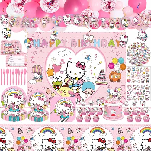 Cute Birthday Party Decorations Set - Pink Cartoon Theme Party Supplies Includes Banner Foil Balloons Printed Balloons Tablecloth Tableware Napkins for Adult Party