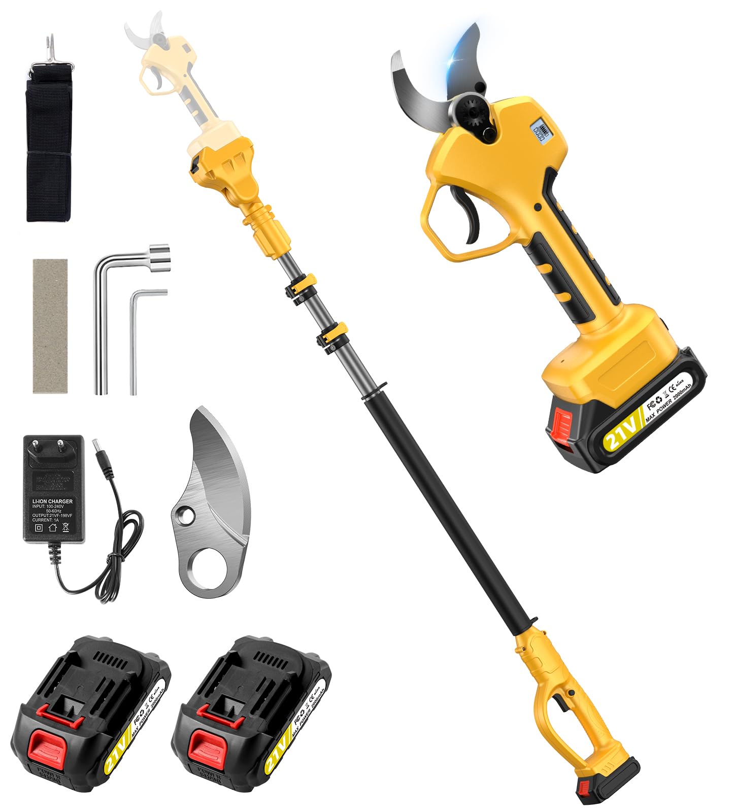 Tijeras de Podar Electricas, Con Mástil Telescópico de 250cm, Apertura de 50mm, 2*2000mAh Batería Tamaños de Apertura con Monitor, Tijeras de Podar con 1000W Motor Brushless para Jardinería,Frutales