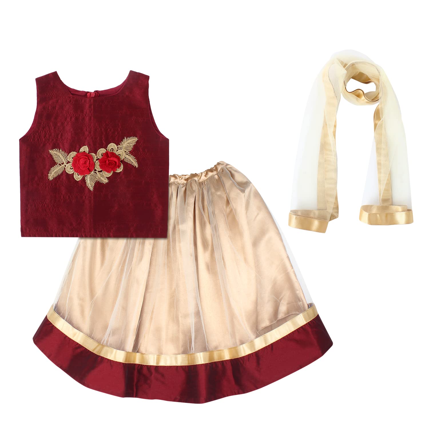 superminis Baby Girls Net Readymade 3 Layered Lehenga Choli With Dupatta Flower Shaped Patch and Net Dupatta Dress