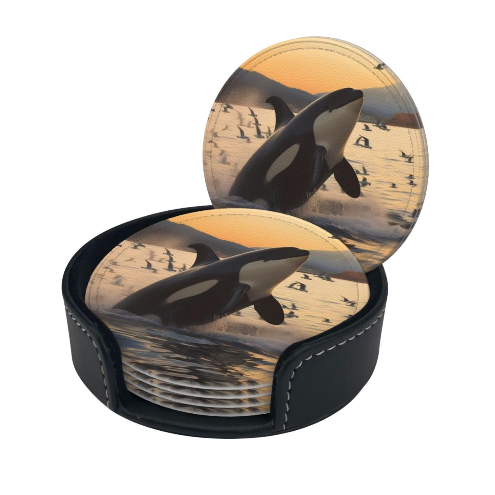 Stylish Coasters - Killer Whale Set of 6 Round Leather Drink Coasters with Holder - Perfect Size for Cups and Glasses