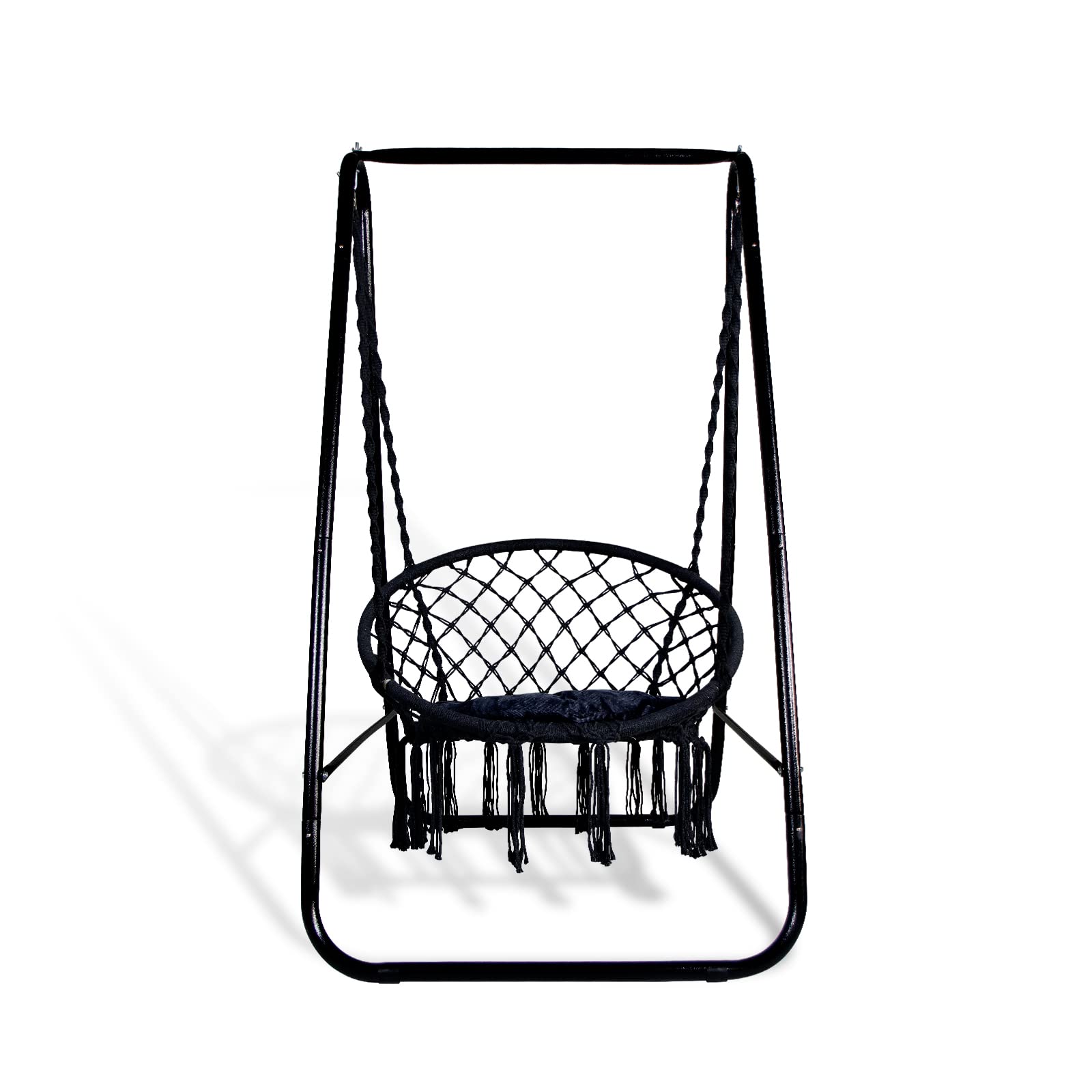 CCLIFE Fauteuil Suspendu à Franges Chaise balancoire siège Suspendu macramé avec Coussins et Pied en Fer pour Interieur et extérieur, Max 100kg,83 x 103 x 155 cm, Color:Noir