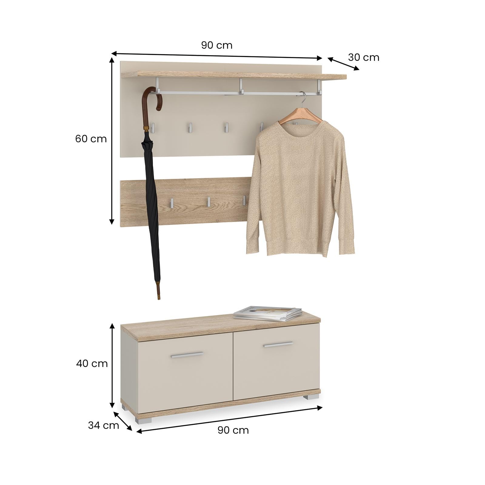 IDIMEX Garderobenset Bilbao 3-teilig, Cremona Eiche/Kaschmir, ideal für Flur und Eingangsbereich, mit 9 Haken, Kleiderstange, Hutablage und Schuhbank