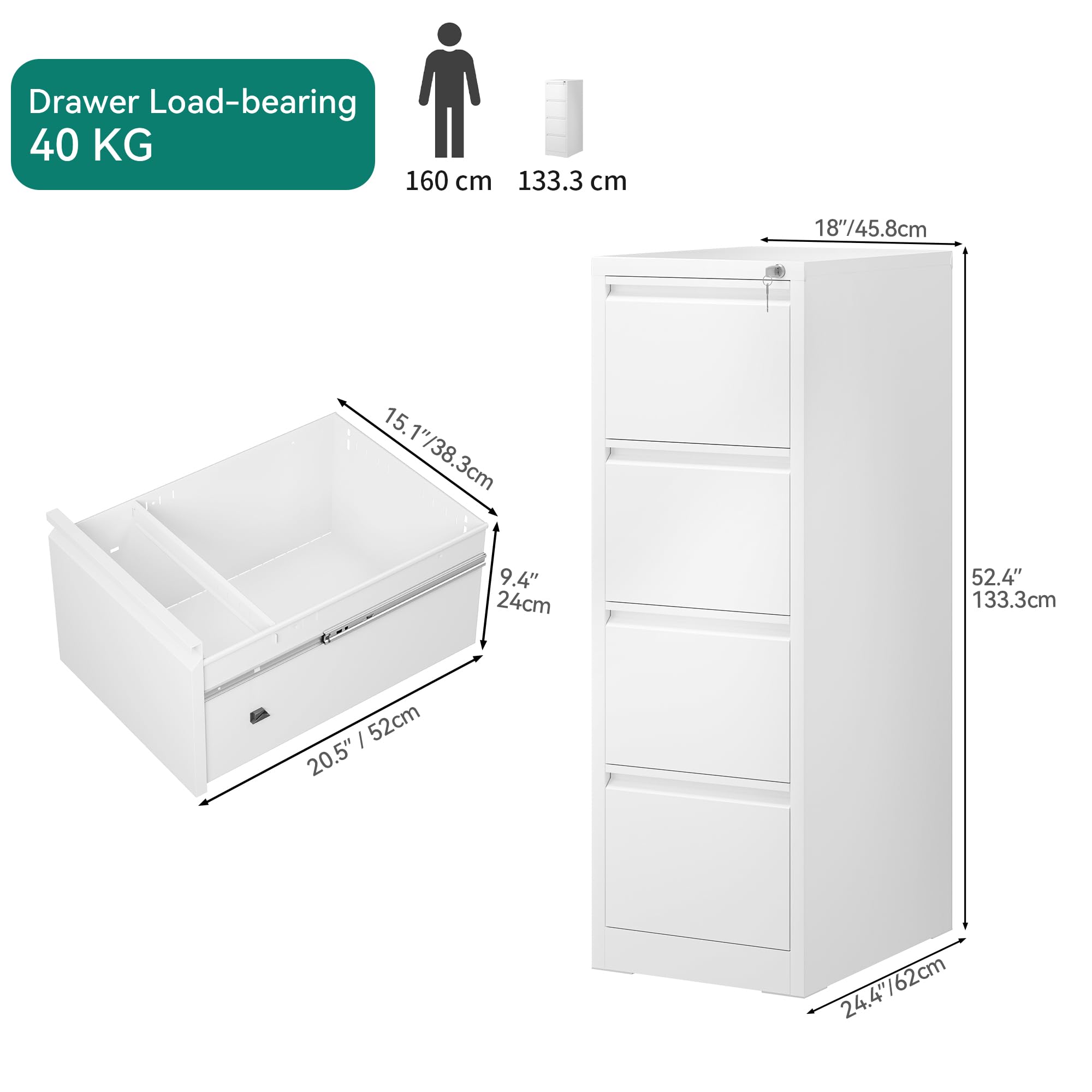 YITAHOME Aktenschrank mit 4 Abschließbaren Schubladen, Kippsicherer Rollender Aktenschrank mit Rädern für das Büro zu Hause, Unter-Pult-Aktenschränke, weiß, 62 x 45.8 x 133cm