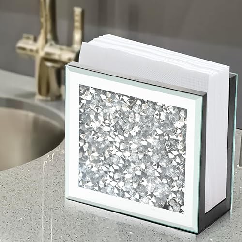 Miniatura 4 de Servilletero con espejo, soporte vertical de diamante triturado de cristal, bonito soporte de servilleta de espejo de vidrio para mostrador o mesa.