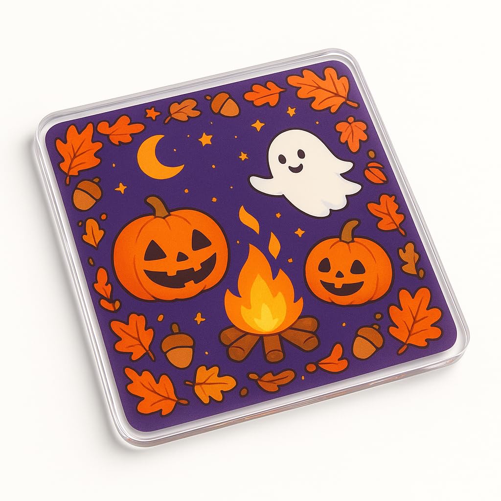 The Plum Penguin Autumn Whimsy Nights Acrylic Coaster Gift - Playful Cartoon Design For Halloween Festive Decor
