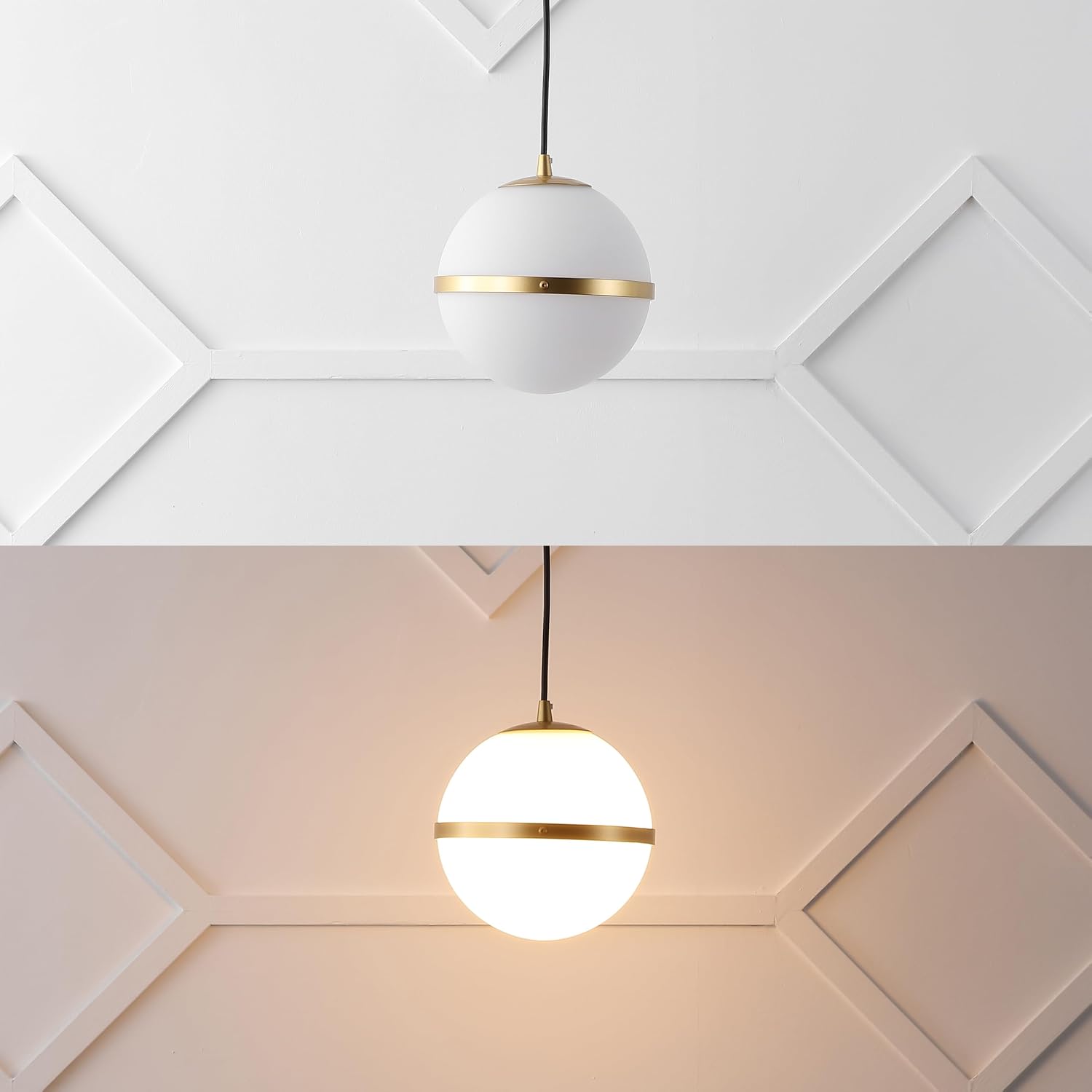JONATHAN Y 8" Gold Painting/White Modern Globe LED Pendant Light for Kitchen Island, Dining Room, White Frosted Glass Shade, Adjustable Minimalist Hanging Fixture, LED Bulb Included (JYL1605B)