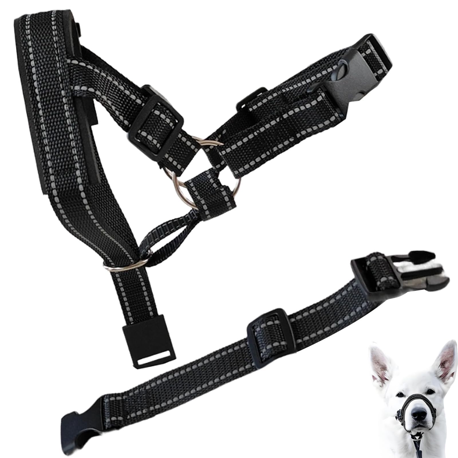 Black Reflective Dogs Head Halter - Soft Padded Collar for Dogs, Adjustable Dog Headcollar Easy Control Anti Pull Lead for Small Medium Dog