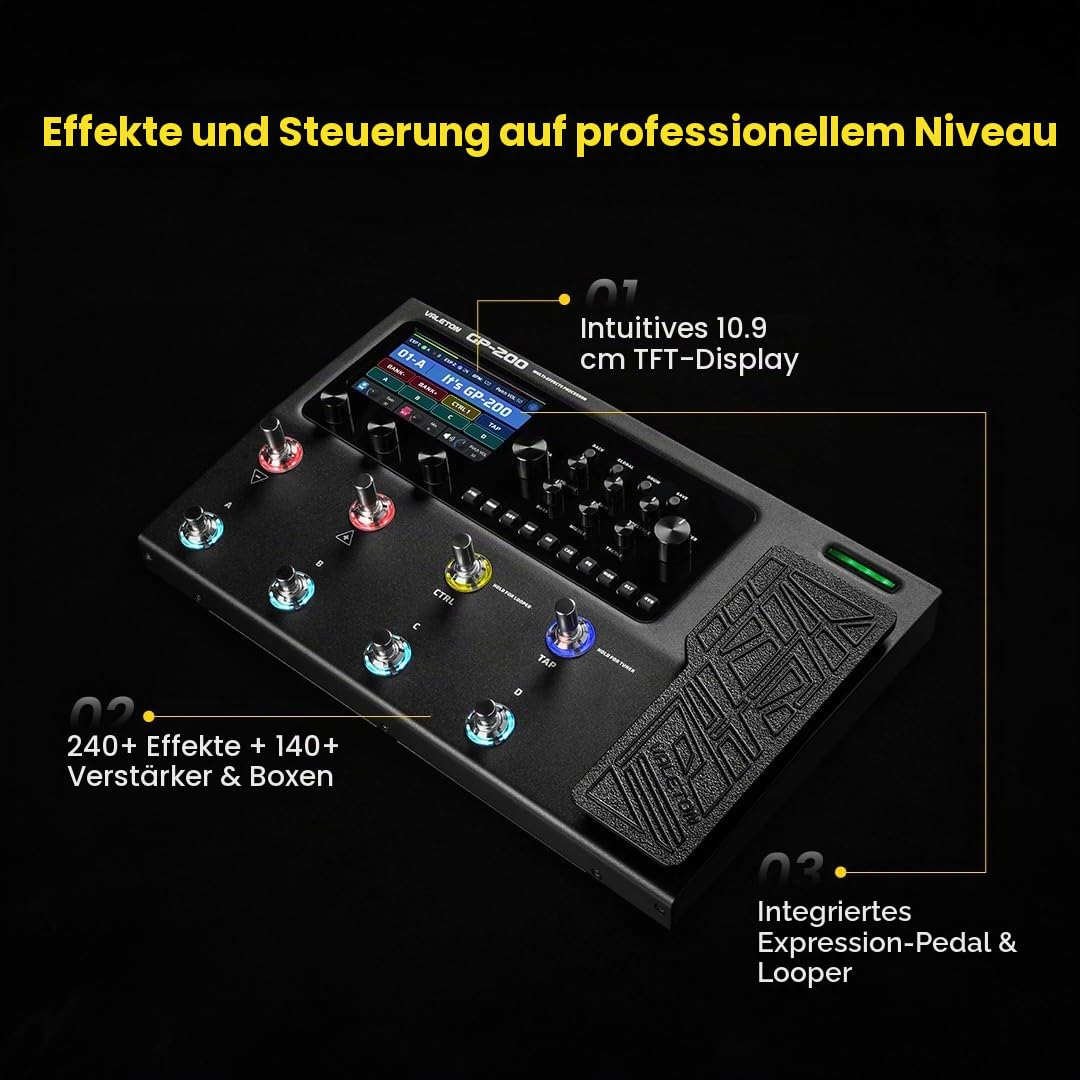 VALETON Gitarren Bass Effektpedal Multi-Effekte Prozessor Amp Modeling IR Cabinets Simulation mit FX Loop MIDI I/O Expression Pedal Stereo OTG USB Audio Interface GP-200 + Bag