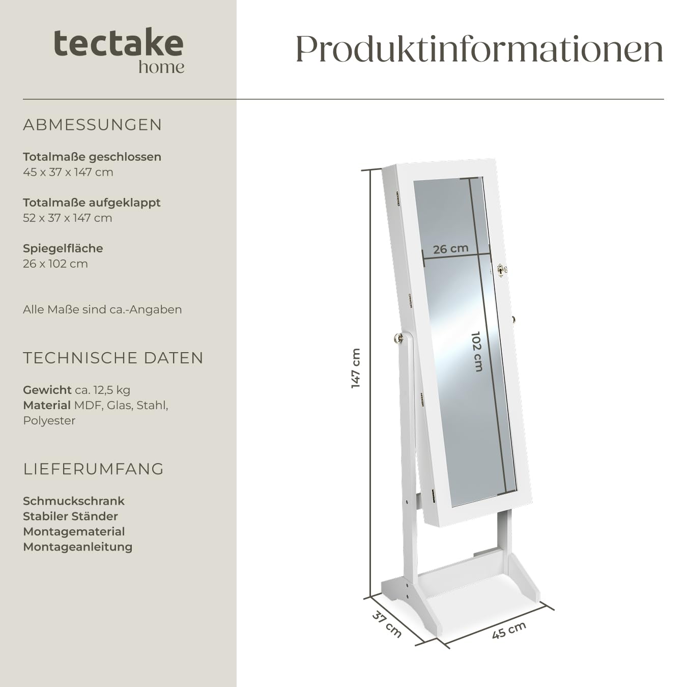 tectake® Schmuckschrank, Standspiegel mit Schmuckkasten, Spiegel groß mit Schrank Organizer für Schmuckaufbewahrung, Schmuck Organizer Geheimversteck Schrank Schlafzimmer - Weiß