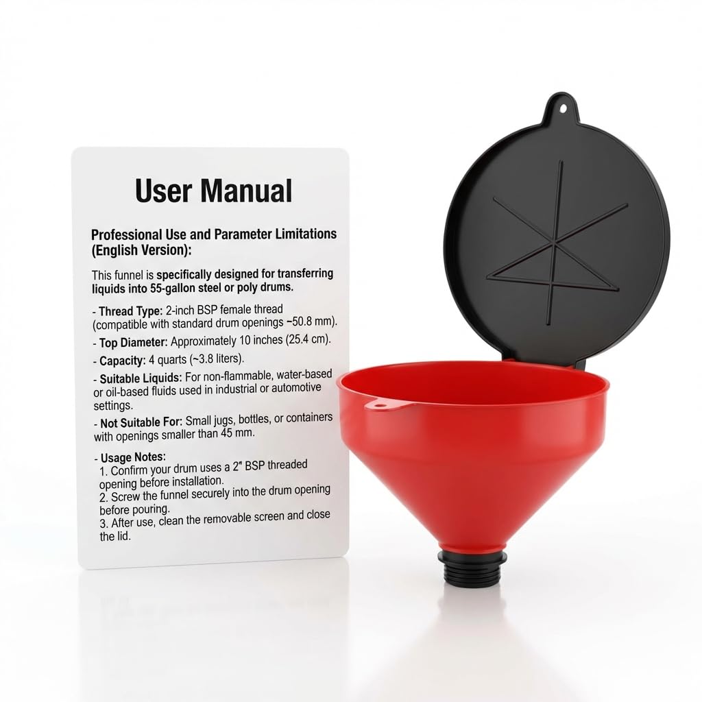 QWORK Imbuto bloccabile da 4 litri con filtro schermo rimovibile, confezione da 2 adattatori BSP da 5,1 cm, imbuto di sicurezza in plastica per olio, filtro antigoccia e imbuto in polietilene per